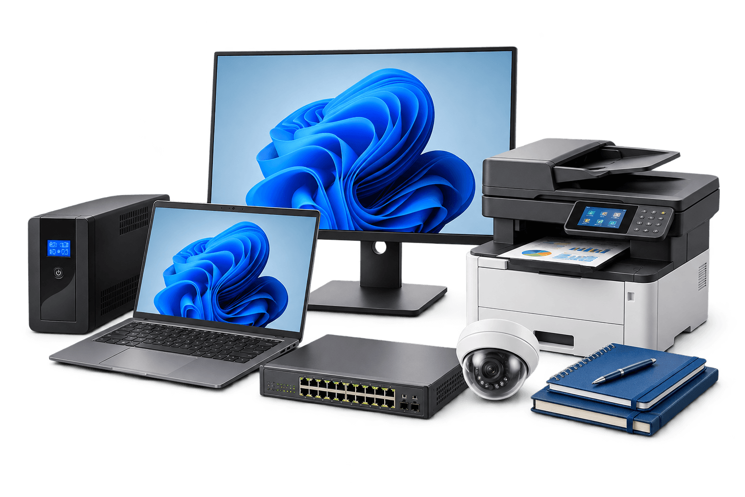 Laptop, printer, monitor, network switch, UPS and security camera